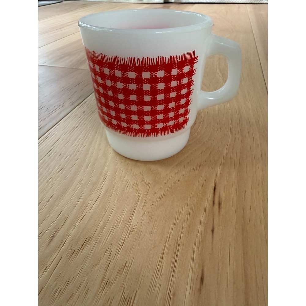 Fire King Stacking Coffee Mug‎ White Red Checkered Gingham Milk Glass Vintage
